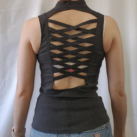 Sleeveless Grey Military Inspired Top with Crisscross Back - Small - Picture 2 of 11